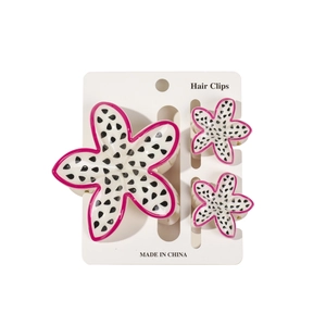 3-piece dragon fruit pattern flower hair clip set with white petals and magenta edges