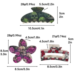 Three-piece Halloween hair claw set with skull and rose motifs in various shapes