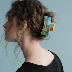 Artistic hair claw clip with Van Gogh sunflower oil painting print for bun hairstyles