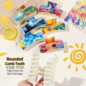 Artistic Van Gogh oil painting hair claws set with strong metal springs for women