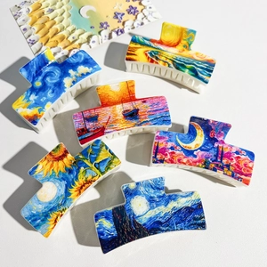 Artistic Van Gogh Print Hair Claw Clip Large ABS Plastic Shark Clip Vintage Impressionist Women Hair Accessory Hair Bun