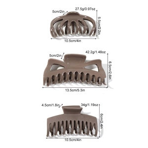Set of three matte large hair claw clips in khaki and coffee colors with dimensions