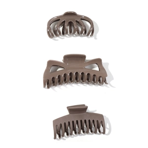 Three-piece set of large brown matte shark hair clips with diverse geometric designs