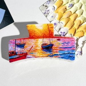 Artistic rectangular hair claw clip with Van Gogh oil painting sunset and sailboat print