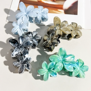Détail de grandes pinces à cheveux fleur de frangipanier avec texture marbrée élégante