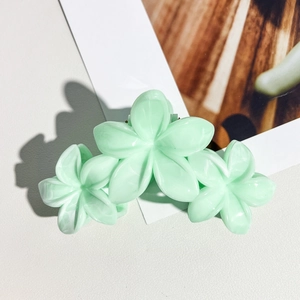 Détail de la pince à cheveux fleur vert menthe à motif marbré sur fond de magazine