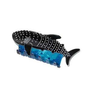 Pinza per capelli a forma di squalo balena in acetato nero e blu traslucido