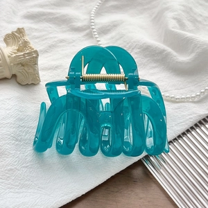 Detail showing the translucent teal large hair claw clip with its golden metal spring