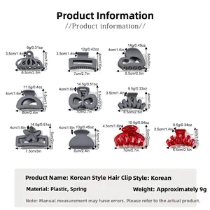 Detailed size chart showing dimensions and weight for 10 pieces Morandi matte hair clips