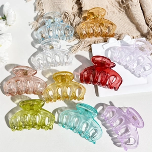 Detailed view of colorful translucent resin hair claws with matte finish and metal springs