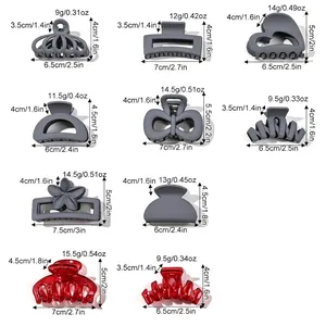 Size chart for 10-piece matte Morandi hair claw set showing dimensions and weights