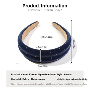 Detail showing dimensions and 43.5g weight of the blue suede rhinestone headband