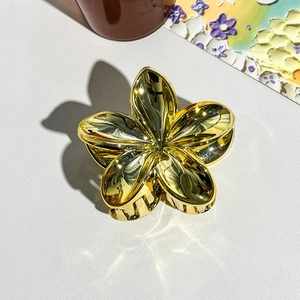 Détail d'une pince à cheveux en métal doré en forme de fleur de frangipanier