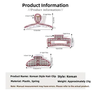 Detailed size specifications for three vintage red and black checkered hair claw clips
