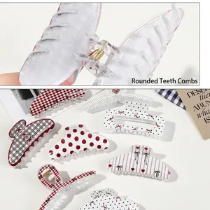 Checkerboard and bow pattern acrylic hair claw clips with rounded teeth for secure styling