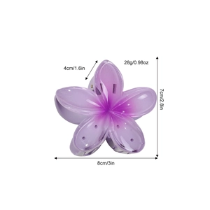 Gradient purple plumeria hair claw clip with size dimensions for summer beach styling
