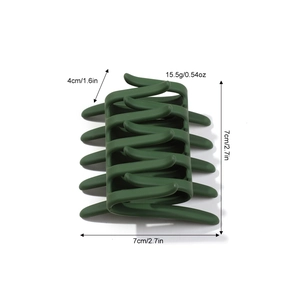 Matte dark green PC hair claw clip with cross comb design and detailed dimensions