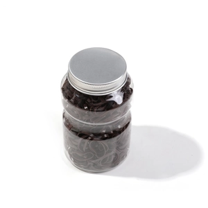 Jar of brown high-elasticity hair ties for women and kids in a clear storage bottle