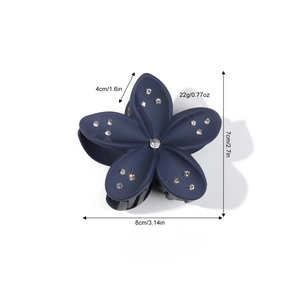 Dark blue frangipani flower hair claw clip with rhinestones and matte finish, 8cm size