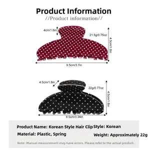 Polka dot hair claw clip set specifications showing red and black retro styling and size
