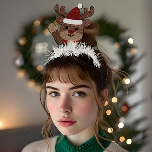 Festive Christmas headband featuring a sparkling 3D reindeer with a Santa hat on a model