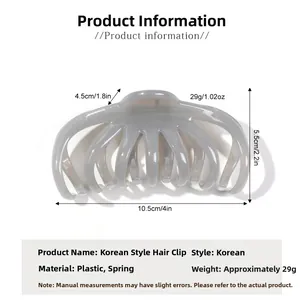 Détails de la pince à cheveux grise translucide montrant les dimensions et spécifications