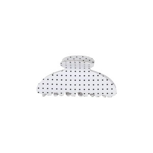 Elegant white semi-circle hair claw clip with classic black polka dots for women