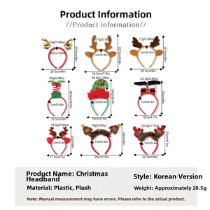 Size chart showing 9 Christmas headband styles with precise weight and dimension details