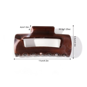 Brown tortoiseshell rectangular hair claw clip with size dimensions and weight specifications