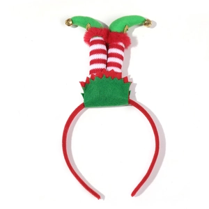 Christmas elf headband with red green striped legs and bells on white background