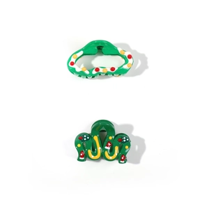 Christmas tree green wave hair claws with white snow and colorful holiday ornaments