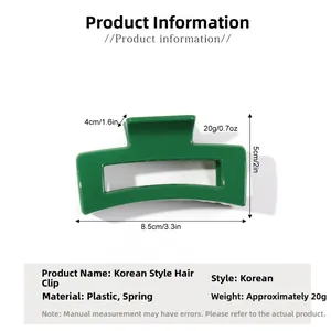 Close-up of 8.5cm dark green square hair claw clip with size dimensions and metal spring