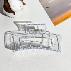 Detail view of transparent rectangular hair claw clip with golden metal spring