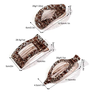 Three-piece leopard print curved hair claws set including oval, rectangular and leaf shapes