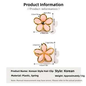 Detailed view of pink flower hair claw clip with golden edges and product dimensions