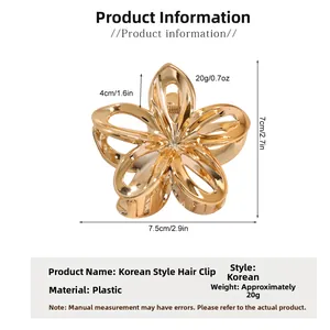 Detail view of 7.5cm gold hollow plumeria hair claw clip with size dimensions