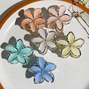 Detailed set of six floral hair claws in pastel resin with silver metallic edges