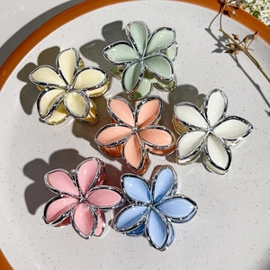 Detail of six colorful floral hair claws with silver alloy edges in a ceramic tray
