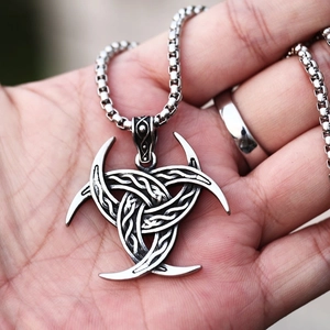 Vintage stainless steel Triple Horn of Odin pendant necklace with Celtic knot engraving