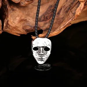 Gothic vampire mask pendant in stainless steel with black braided leather necklace cord