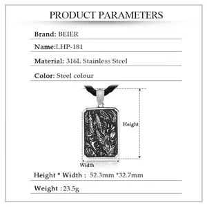 Mens 316L stainless steel rectangular tag pendant with vintage engraved pattern