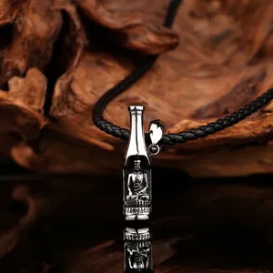 Pendentif bouteille Bouddha vintage en acier inoxydable sur cordon en cuir tressé noir