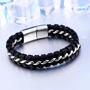 Bracelet Vintage en Cuir Tissé Noir pour Homme Acier Inoxydable Titane Fermoir Magnétique Punk Bijoux de Mode