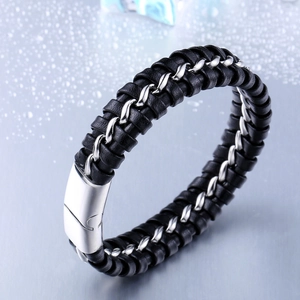 Bracelet rétro ethnique en cuir tressé noir pour homme avec fermoir magnétique en acier argenté