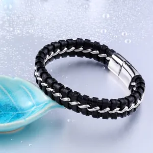 Bracelet rétro pour homme en cuir tressé noir avec chaîne en acier et fermoir magnétique