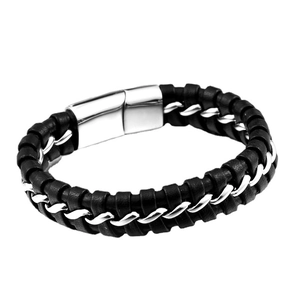 Bracelet tressé vintage pour hommes en cuir noir et acier inoxydable avec fermoir métal