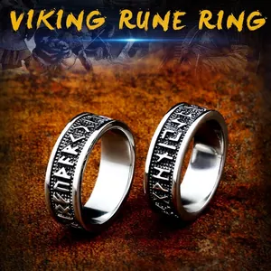 Vintage silver Viking rune ring made of stainless steel with a punk style aesthetic