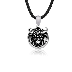 Vintage stainless steel bull head pendant with black braided leather necklace