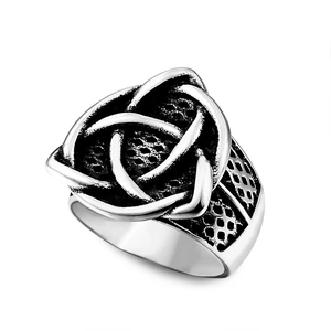 Mens vintage stainless steel Celtic knot ring with polished silver finish and grid texture
