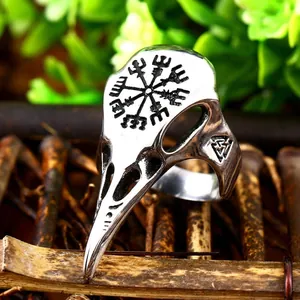 Viking raven skull ring in stainless steel with Vegvisir compass and Valknut symbols